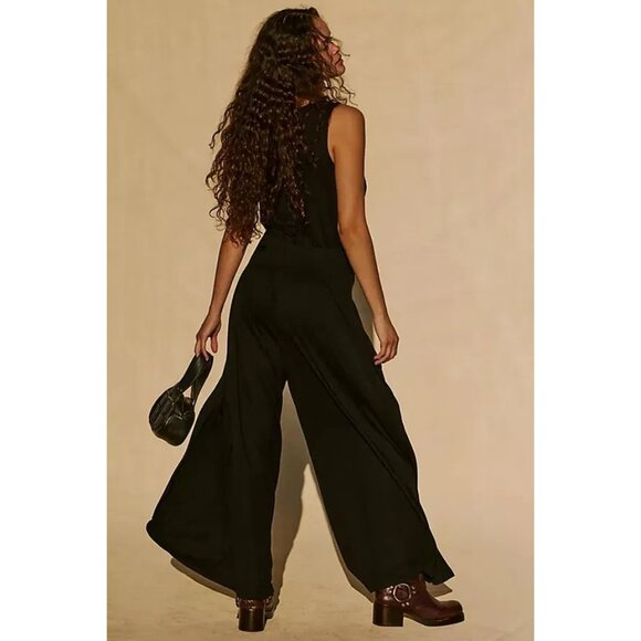 Free People Free-est Royale One Piece Jumpsuit Black Cowl Neck Wide Leg Boho L - Picture 2 of 9